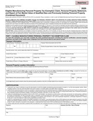 Form 5278 Eligible Manufacturing Personal Property Tax Exemption Claim, Personal Property Statement, and Report of Fair Market Value of Qualified New and Previously Existing Personal Property (Combined Document) - Michigan