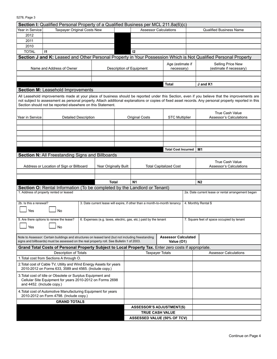 Form 5278 Eligible Manufacturing Personal Property Tax Exemption Claim, Personal Property Statement, and Report of Fair Market Value of Qualified New and Previously Existing Personal Property (Combined Document) - Michigan, Page 3