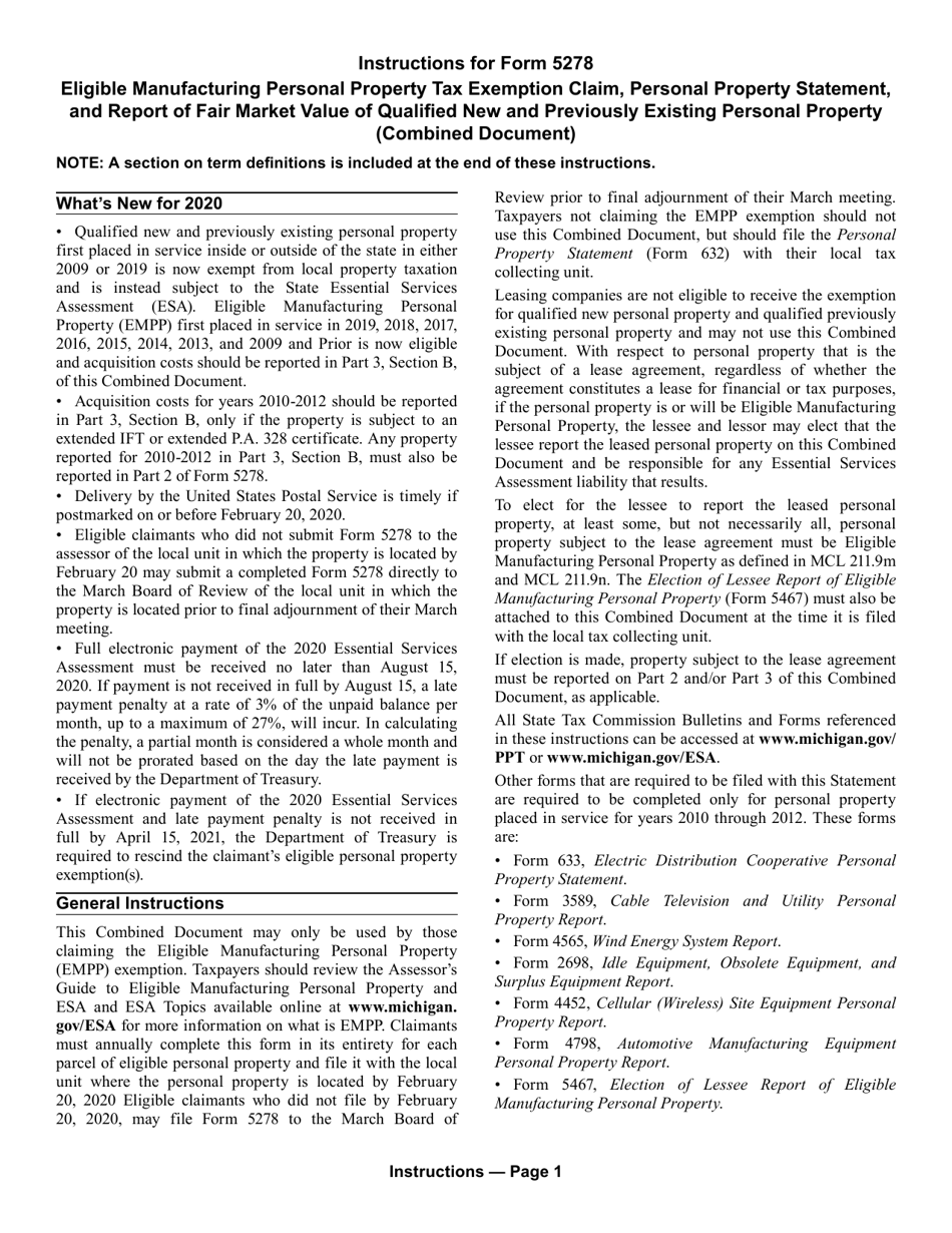 Form 5278 Eligible Manufacturing Personal Property Tax Exemption Claim, Personal Property Statement, and Report of Fair Market Value of Qualified New and Previously Existing Personal Property (Combined Document) - Michigan, Page 5