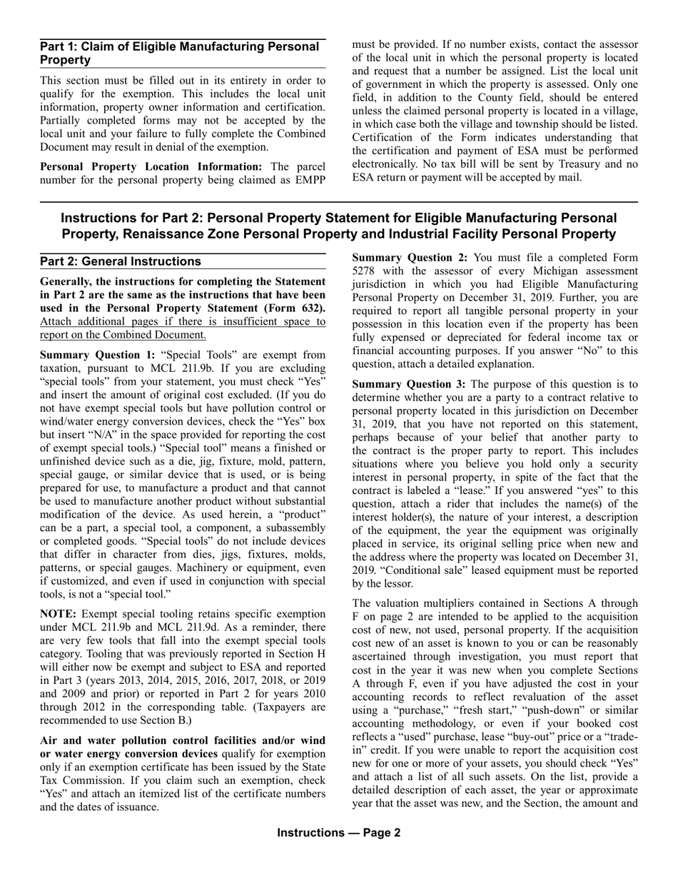 Form 5278 Eligible Manufacturing Personal Property Tax Exemption Claim, Personal Property Statement, and Report of Fair Market Value of Qualified New and Previously Existing Personal Property (Combined Document) - Michigan, Page 6