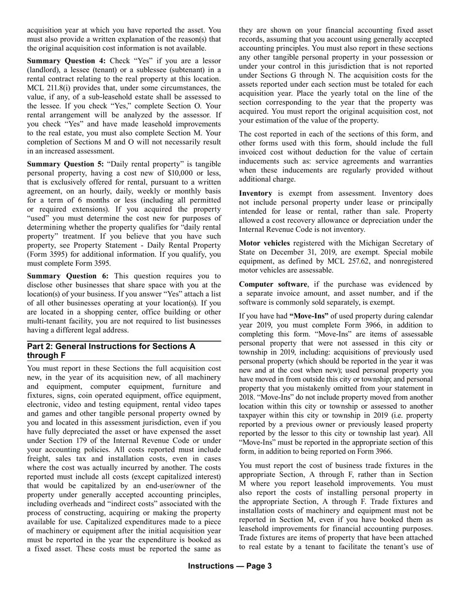 Form 5278 Eligible Manufacturing Personal Property Tax Exemption Claim, Personal Property Statement, and Report of Fair Market Value of Qualified New and Previously Existing Personal Property (Combined Document) - Michigan, Page 7
