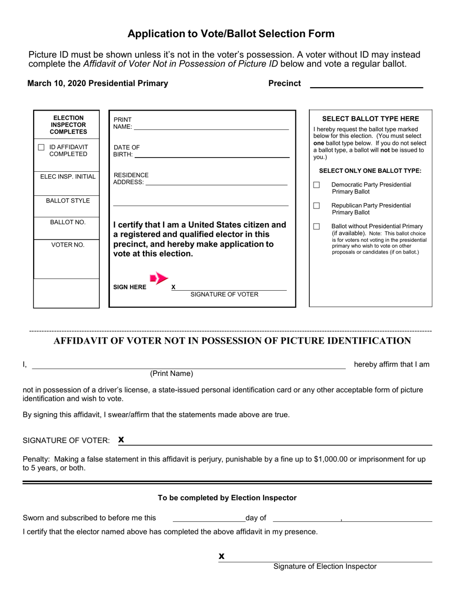 Application to Vote / Ballot Selection Form - Michigan, Page 1