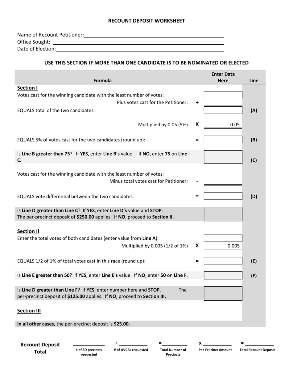 Recount Deposit Worksheet - Vote for More Than 1 - Michigan, Page 1