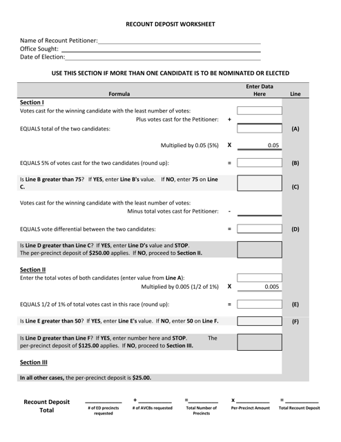 Recount Deposit Worksheet - Vote for More Than 1 - Michigan