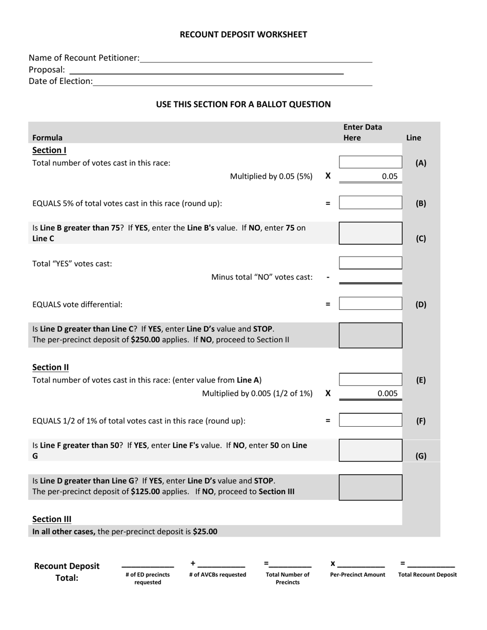 Recount Deposit Worksheet - Ballot Question - Michigan, Page 1