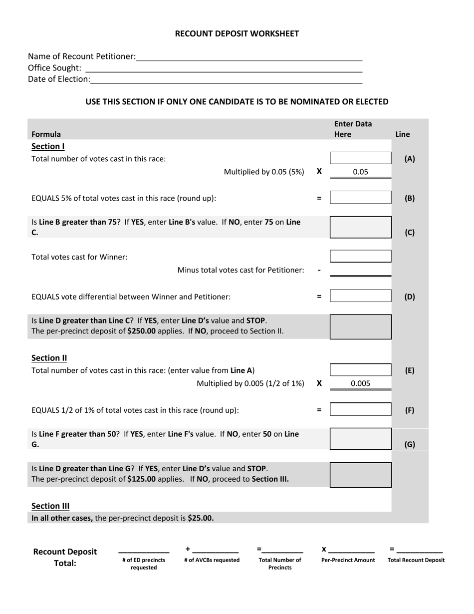 Recount Deposit Worksheet - Vote for 1 - Michigan, Page 1