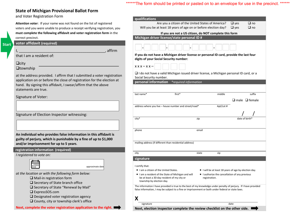State of Michigan Provisional Ballot Form and Voter Registration Form - Michigan, Page 1