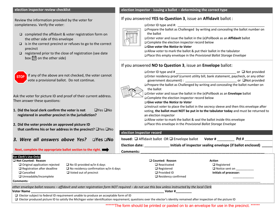 Michigan State of Michigan Provisional Ballot Form and Voter