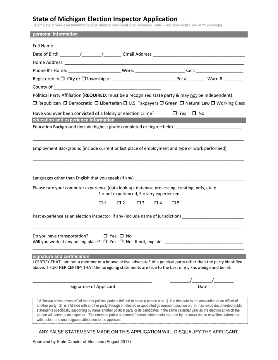 State of Michigan Election Inspector Application - Michigan, Page 1