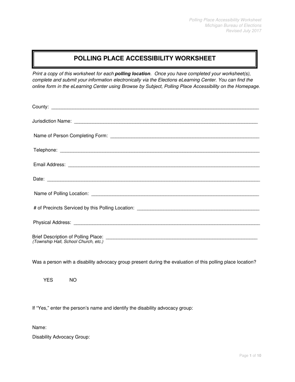 Polling Place Accessibility Worksheet - Michigan, Page 1