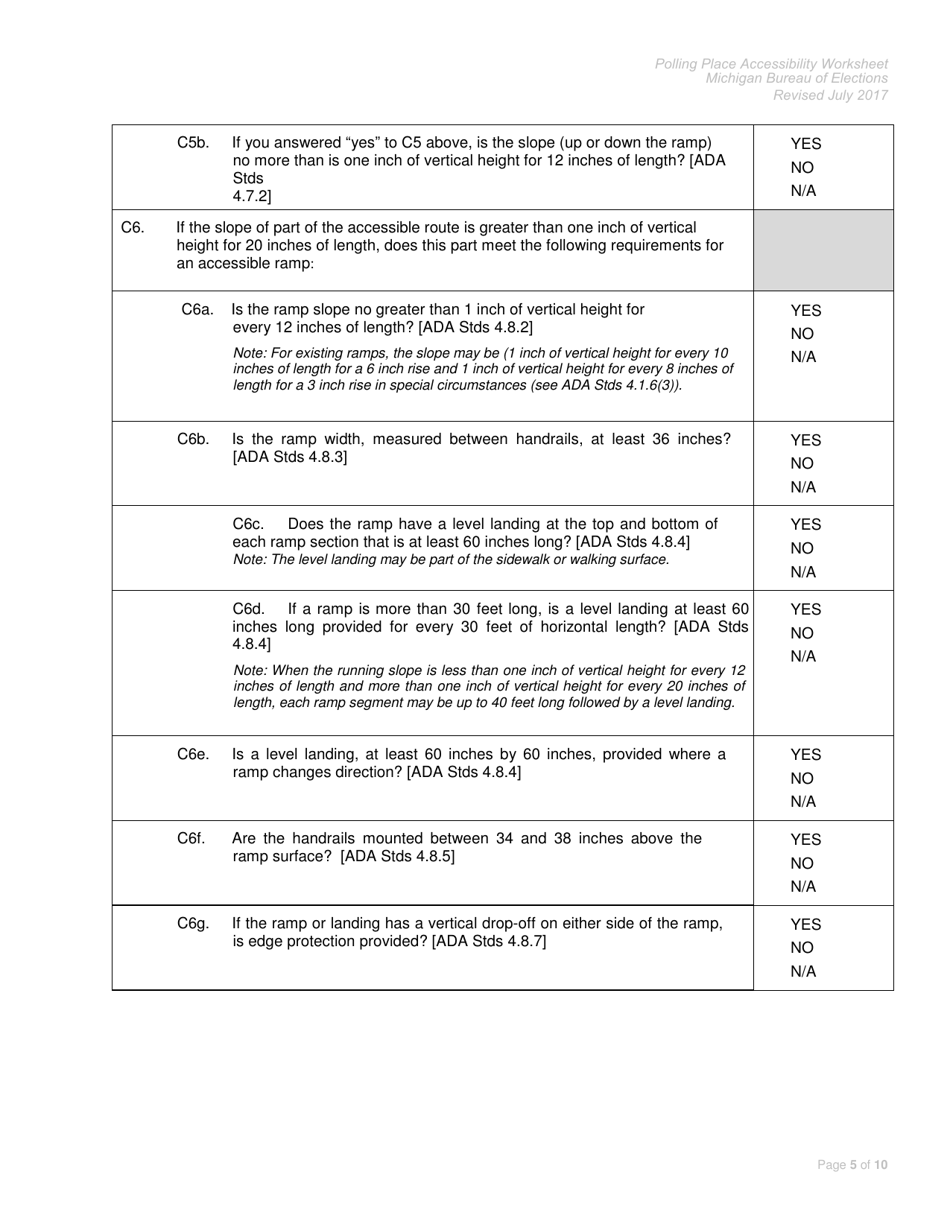 Polling Place Accessibility Worksheet - Michigan, Page 5