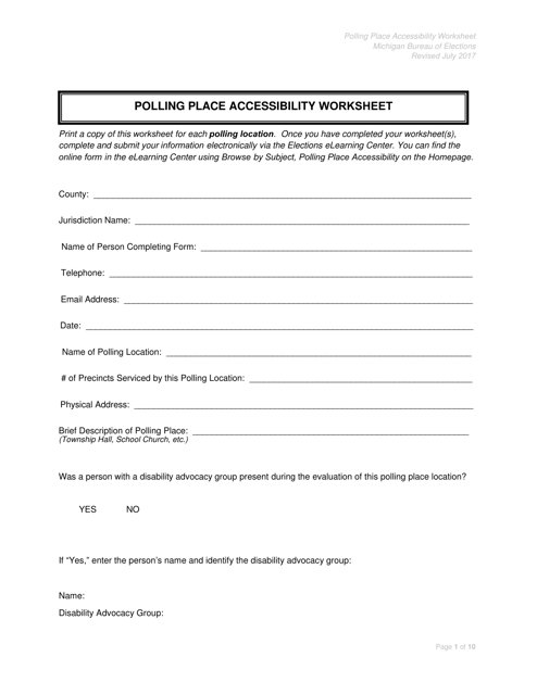 Polling Place Accessibility Worksheet - Michigan Download Pdf