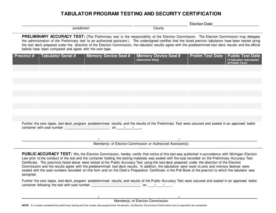 Tabulator Program Testing and Security Certification - Michigan, Page 1
