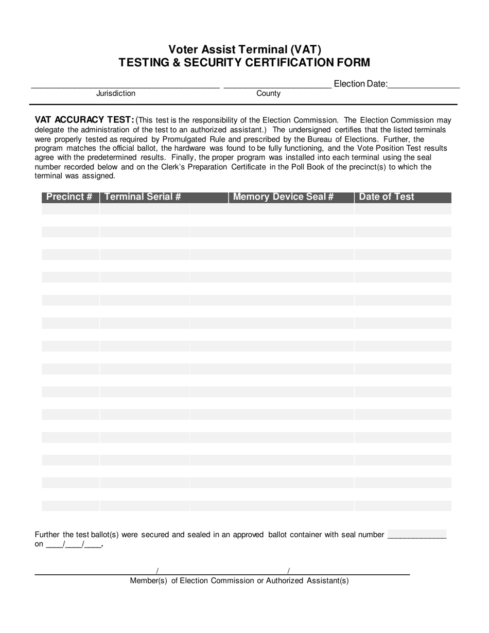 Voter Assist Terminal (Vat) Testing  Security Certification Form - Michigan, Page 1