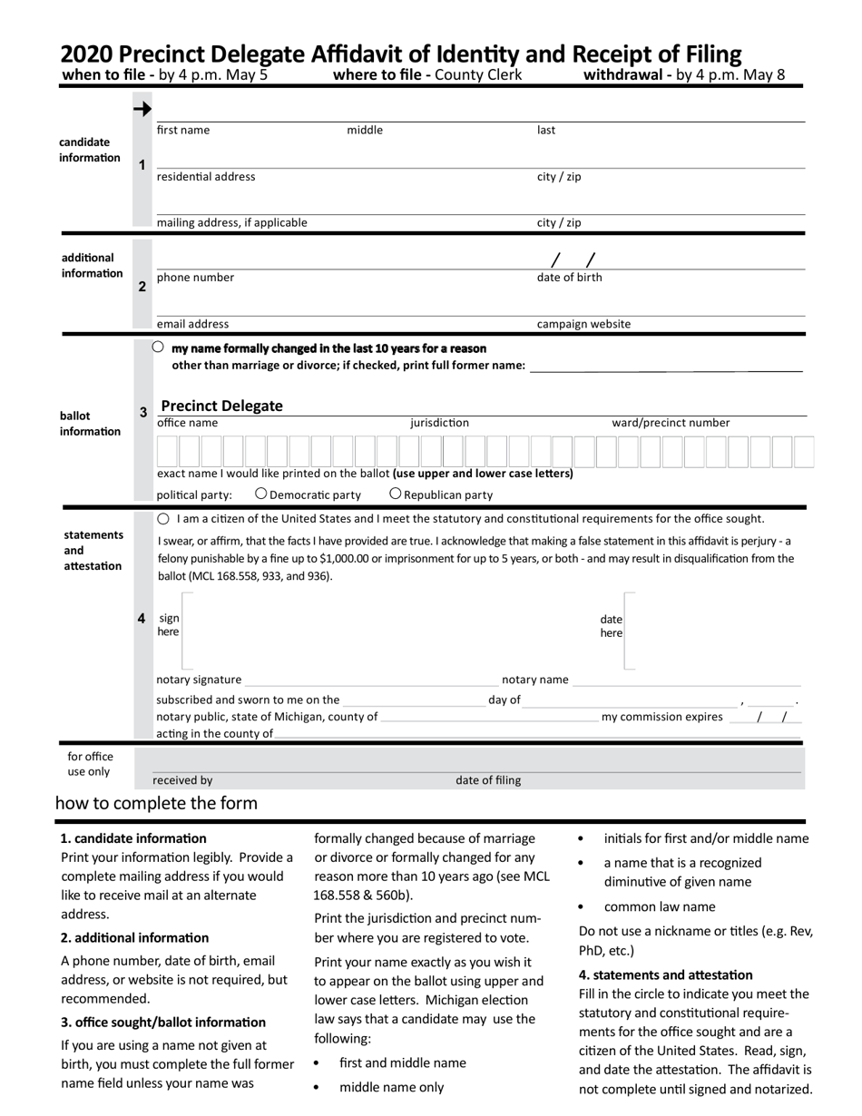 Precinct Delegate Affidavit of Identity and Receipt of Filing - Michigan, Page 1