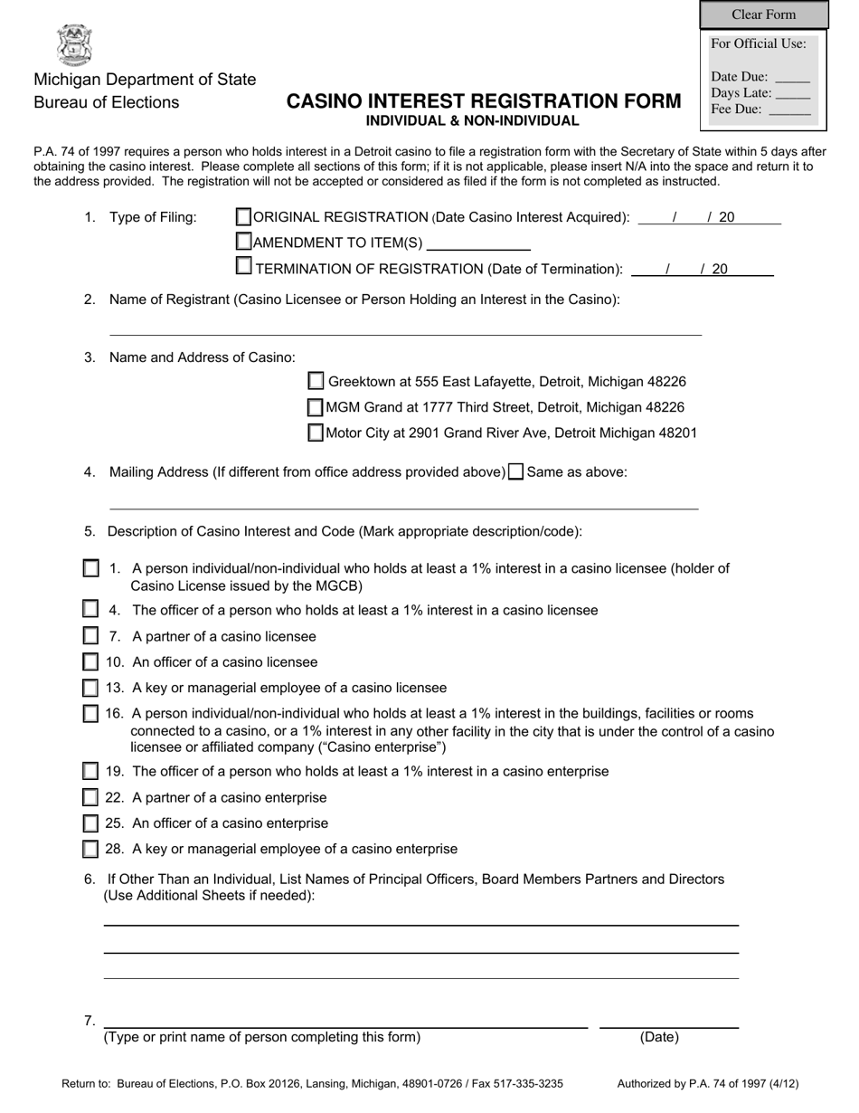 Casino Interest Registration Form - Michigan, Page 1