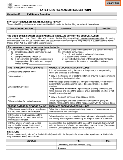 Late Filing Fee Waiver Request Form - Michigan