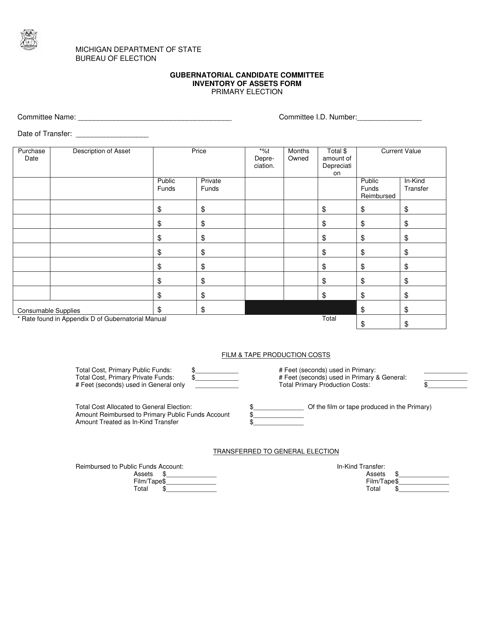 Gubernatorial Candidate Committee Inventory of Assets Form - Michigan Download Pdf