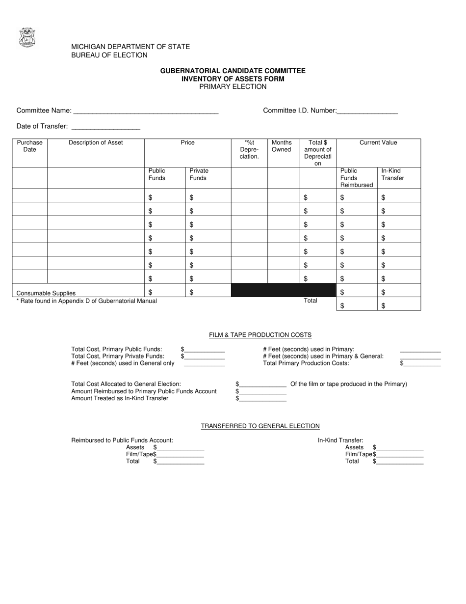 Gubernatorial Candidate Committee Inventory of Assets Form - Michigan, Page 1