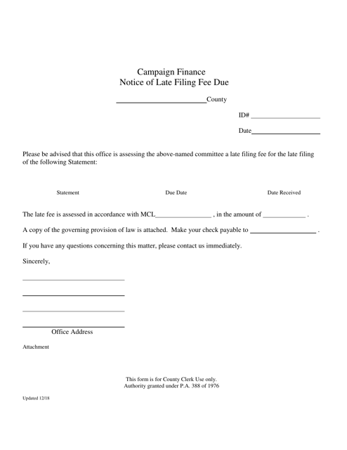 Campaign Finance Notice of Late Filing Fee Due - Michigan Download Pdf
