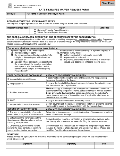 Lobby Late Filing Fee Waiver Request Form - Michigan Download Pdf