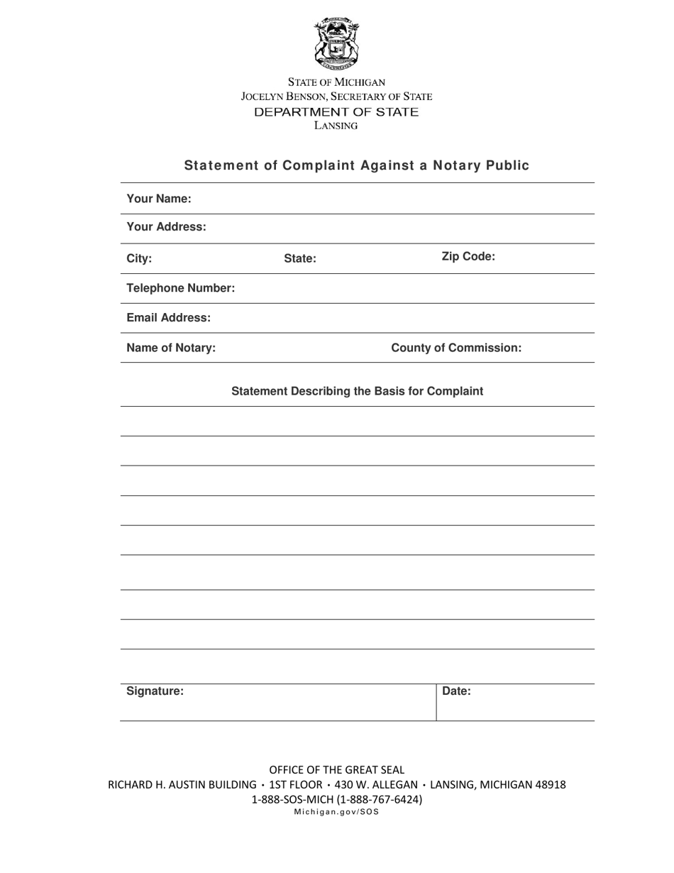 Michigan Statement Of Complaint Against A Notary Public Fill Out 