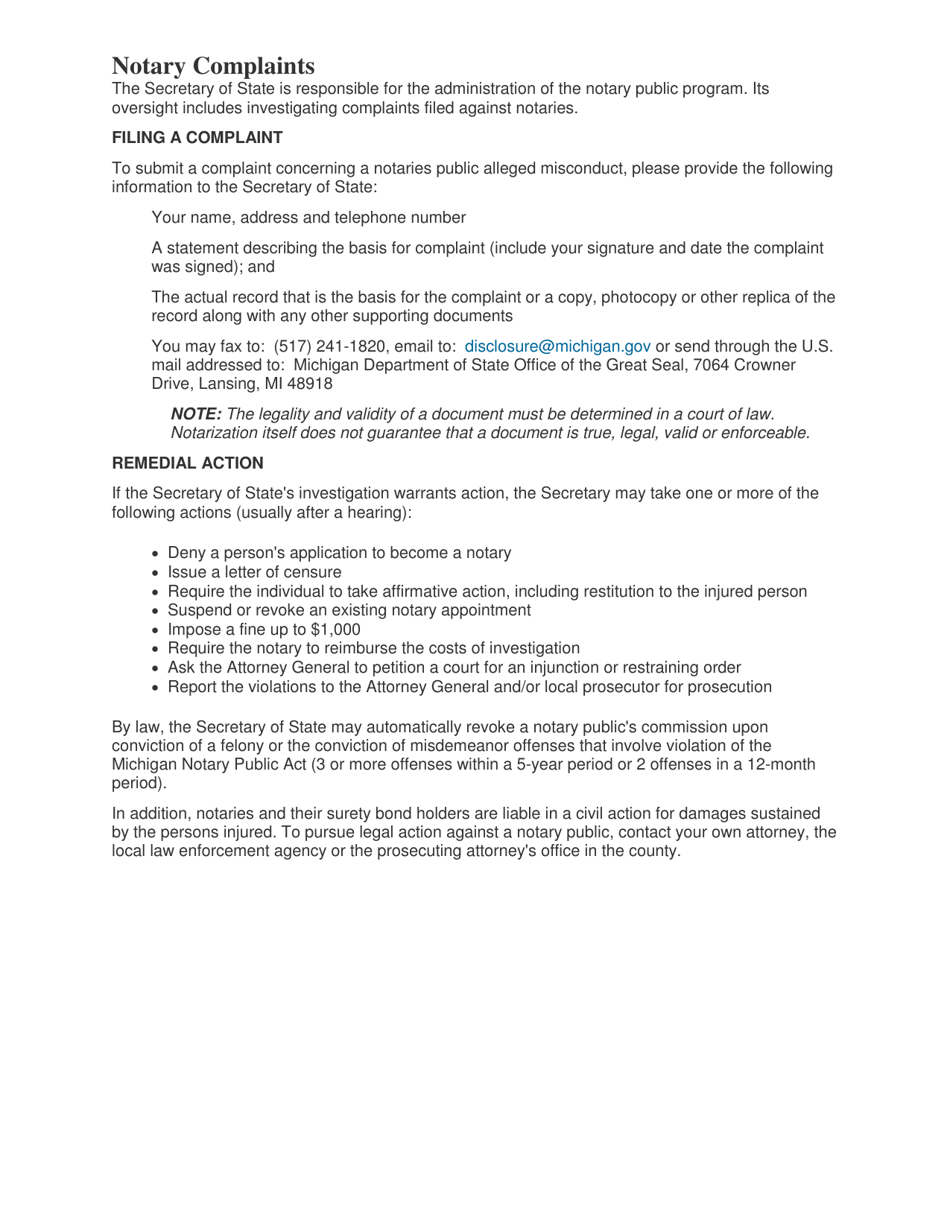 Statement of Complaint Against a Notary Public - Michigan, Page 2