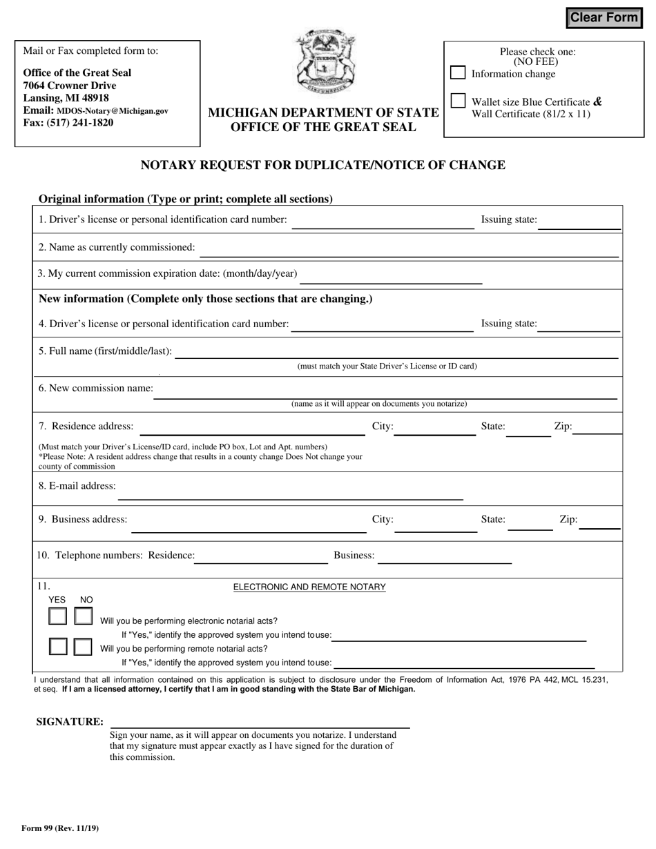 Form 99 Notary Request for Duplicate / Notice of Change - Michigan, Page 1