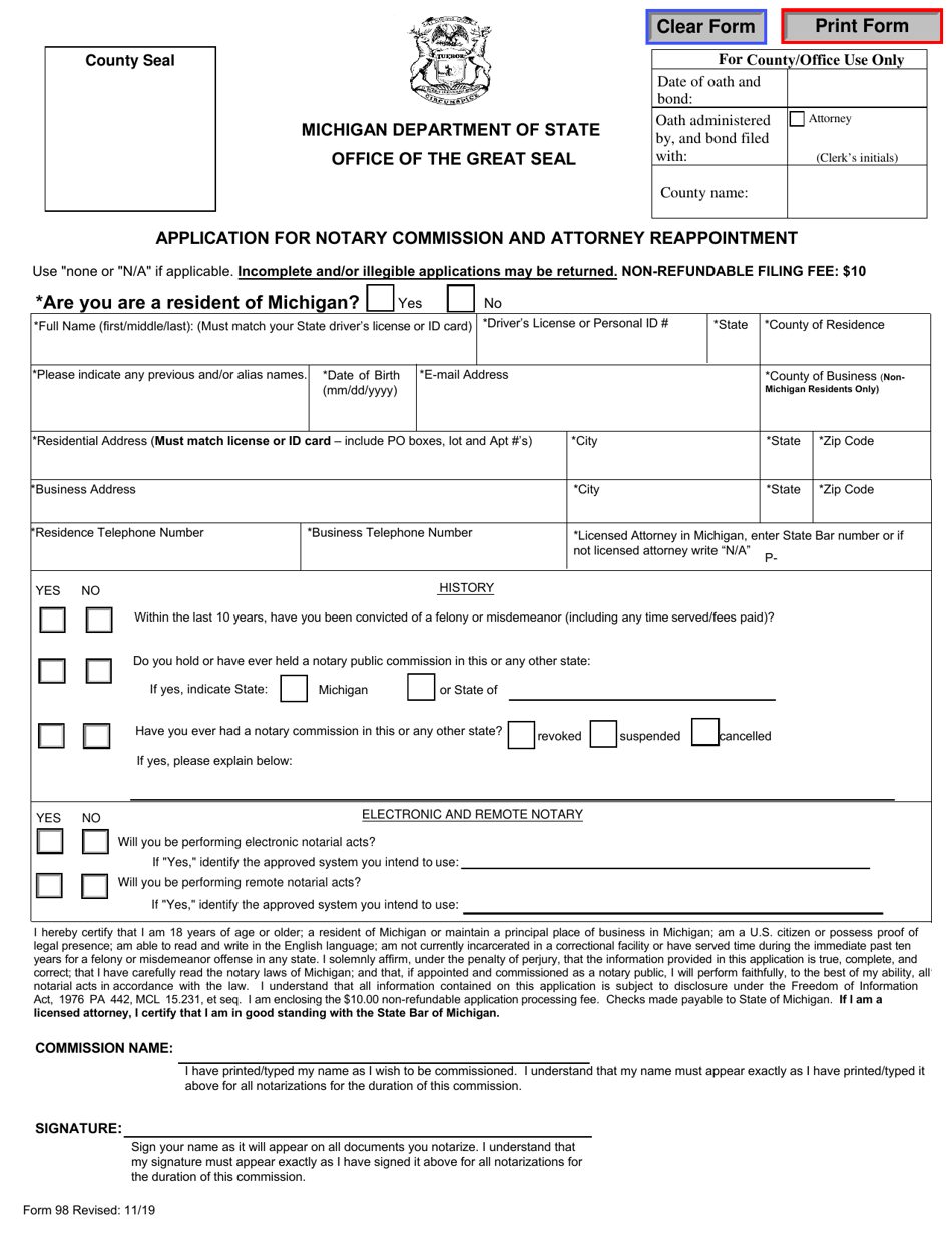 Form 98 Application for Notary Commission and Attorney Reappointment - Michigan, Page 2