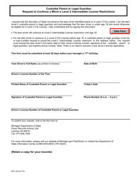 Document preview: Form BFS-146 Custodial Parent or Legal Guardian Request to Continue a Minor's Level 2 Intermediate License Restrictions - Michigan