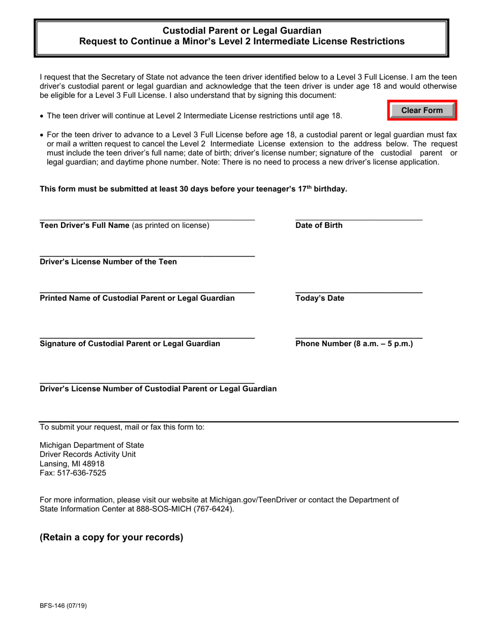 Form BFS-146 Custodial Parent or Legal Guardian Request to Continue a Minors Level 2 Intermediate License Restrictions - Michigan, Page 1