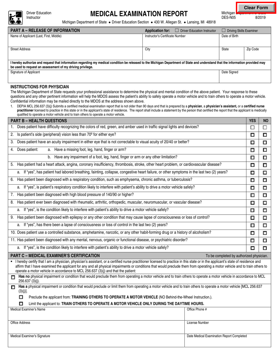 Form DES-N05 Medical Examination Report - Michigan, Page 1