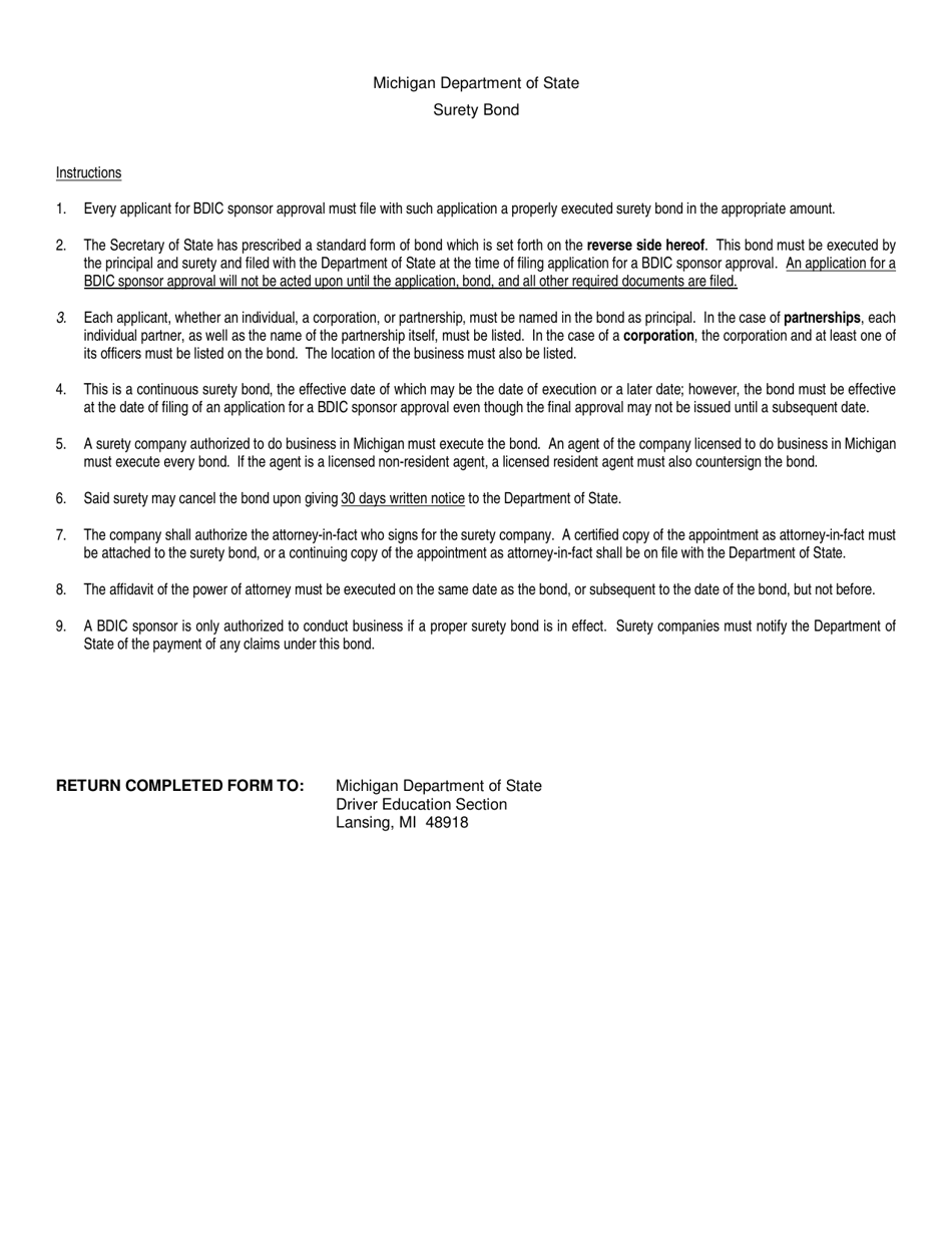 Form DES-203 Basic Driver Improvement Course Sponsor Surety Bond - Michigan, Page 2