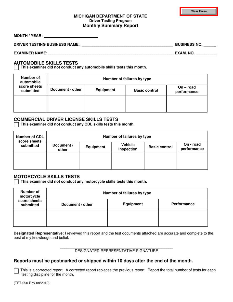 Form TPT-090 Driver Testing Program Monthly Summary Report - Michigan, Page 1