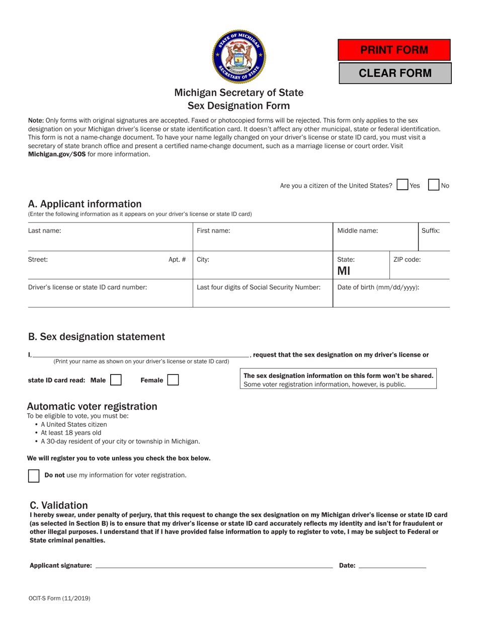 Sex Designation Form - Michigan, Page 1