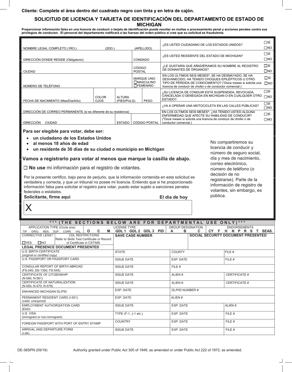 Formulario DE-36SPN Solicitud De Licencia Y Tarjeta De Identificacion Del Departamento De Estado De Michigan - Michigan (Spanish), Page 1