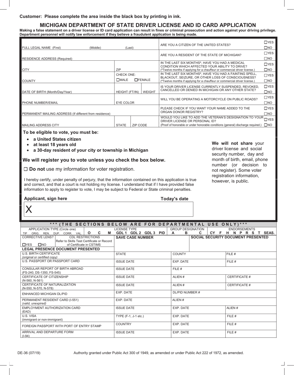 Form DE-36 Driver License and Id Card Application - Michigan, Page 1