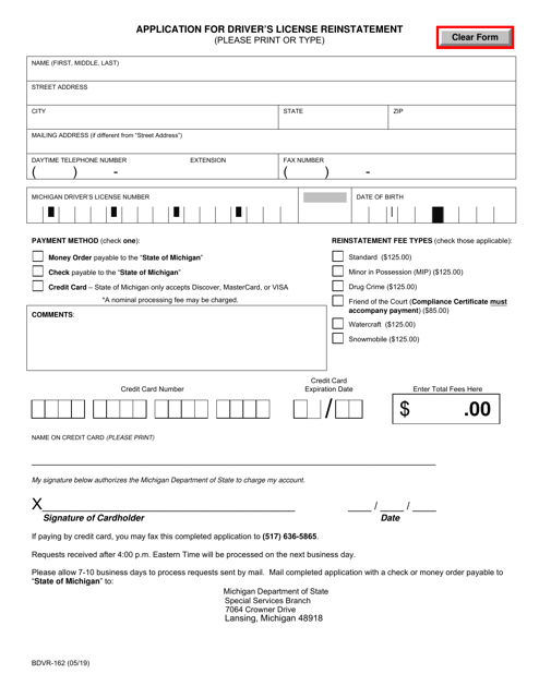 Form BDVR-162 Application for Driver's License Reinstatement - Michigan