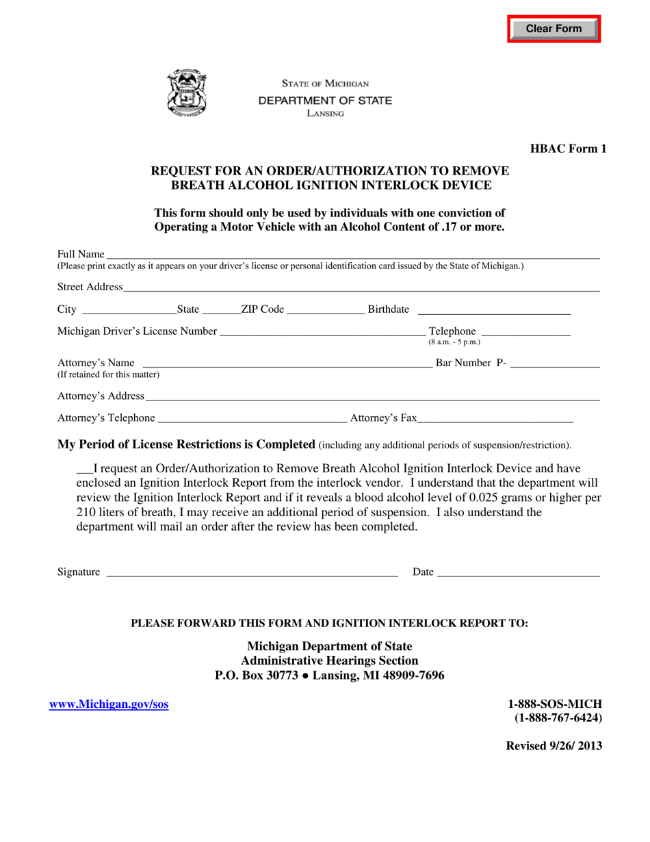 HBAC Form 1 Request for an Order / Authorization to Remove Breath Alcohol Ignition Interlock Device - Michigan, Page 1