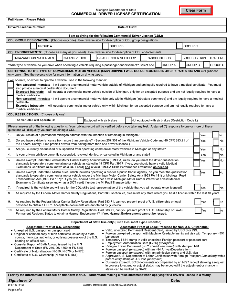 Form BFS-103 Commercial Driver License Certification - Michigan, Page 1
