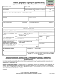 Document preview: Form S-110L Application for Certificate of Manufactured Home Ownership - Michigan