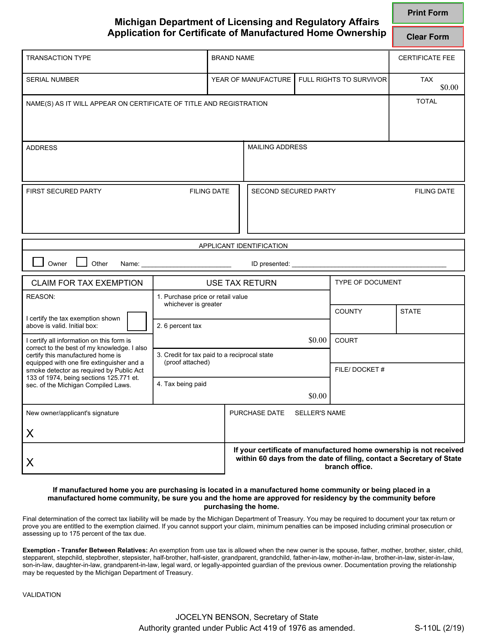 Form S-110L Application for Certificate of Manufactured Home Ownership - Michigan