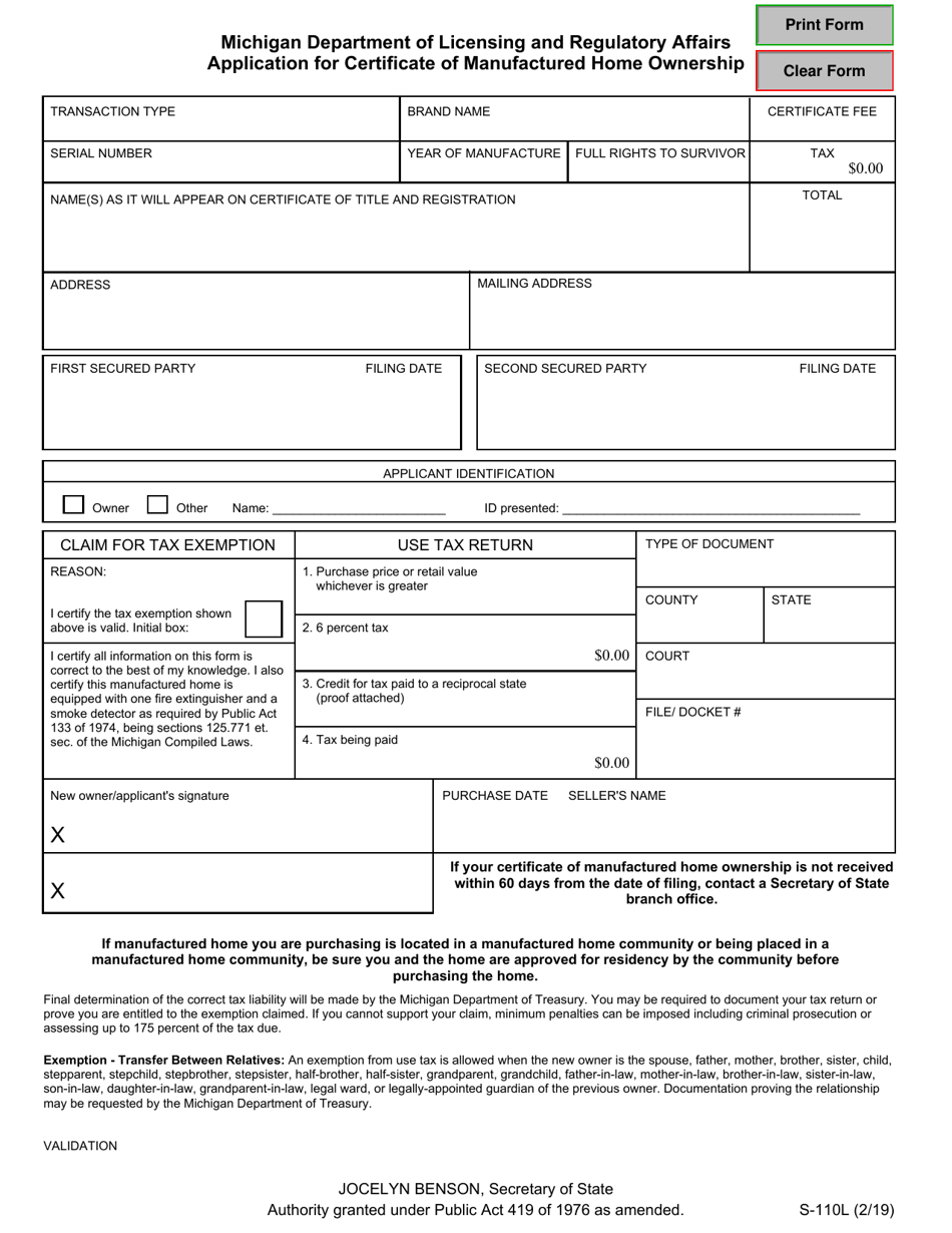 Form S-110L Application for Certificate of Manufactured Home Ownership - Michigan, Page 1