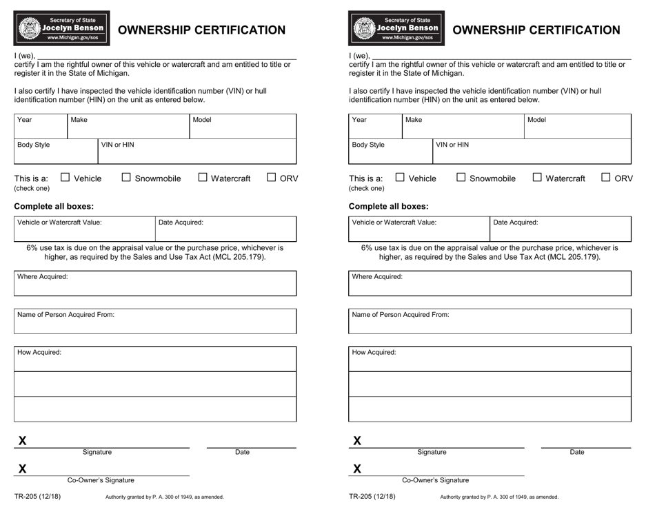Form TR-205 Ownership Certification - Michigan, Page 1