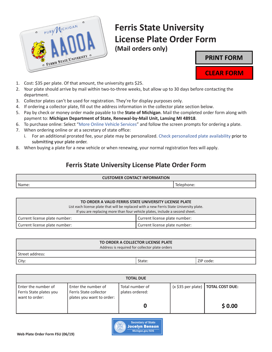 Ferris State University License Plate Order Form - Michigan, Page 1