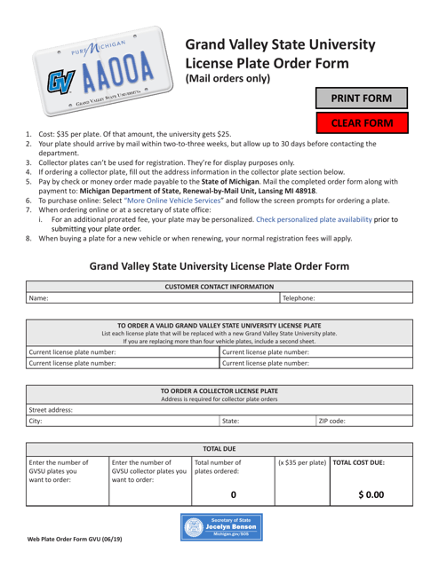 Grand Valley State University License Plate Order Form - Michigan Download Pdf