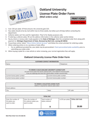 Document preview: Oakland University License Plate Order Form - Michigan