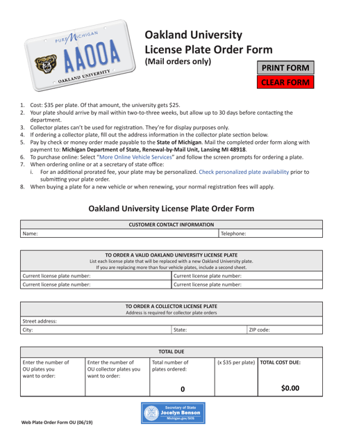 Oakland University License Plate Order Form - Michigan Download Pdf