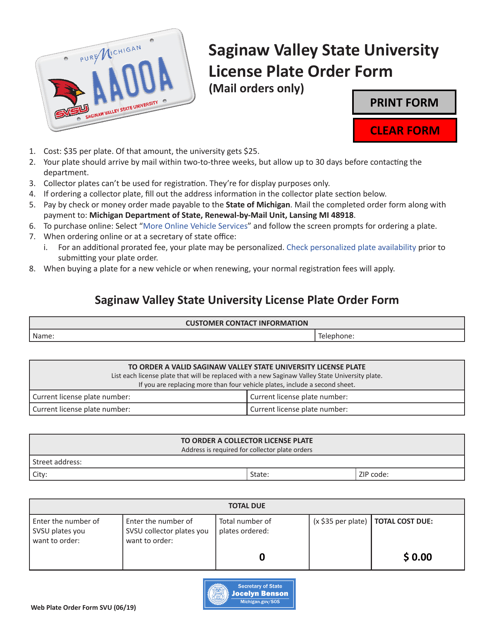 Saginaw Valley University License Plate Order Form - Michigan Download Pdf