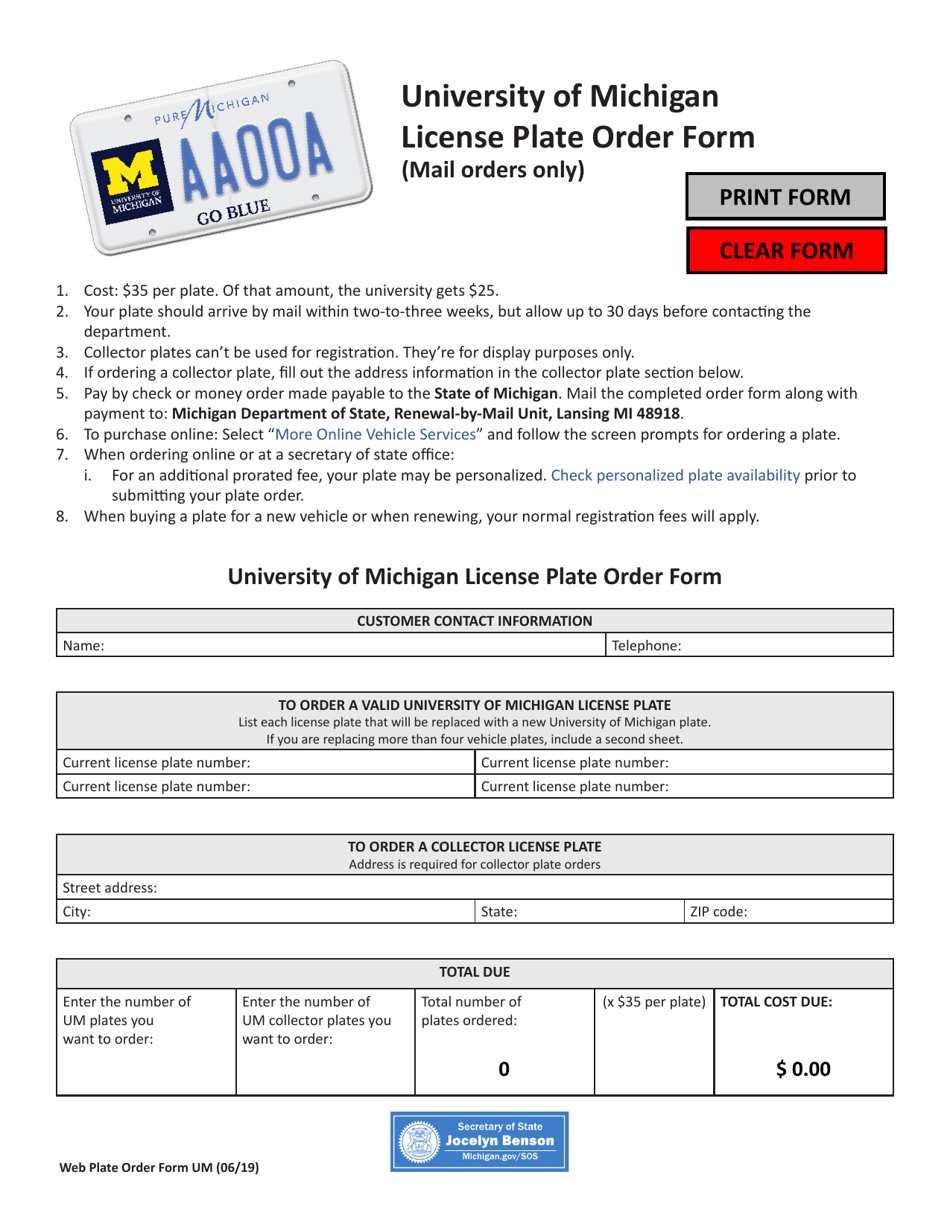University of Michigan License Plate Order Form - Michigan, Page 1